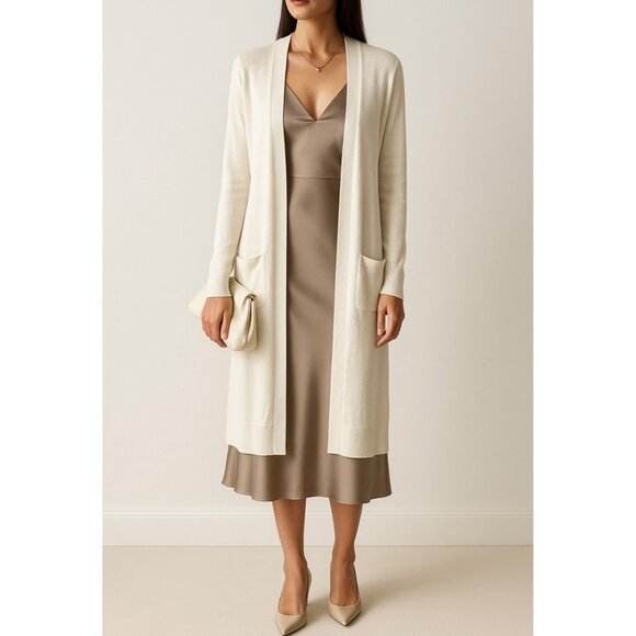Rachel Zoe Sweaters - Rachel Zoe Cardigan Sz XL Linen Blend Long White Pockets Quiet Luxury Minimalist